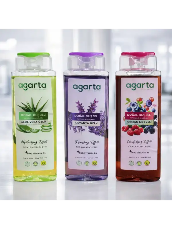 Agarta Doğal Duş Jeli Seti 3x400 ml – Aloe Vera, Lavanta, Orman Meyveli | Nemlendirici, Ferahlatıcı, Canlandırıcı + Pro Vitamin B5 Vegan