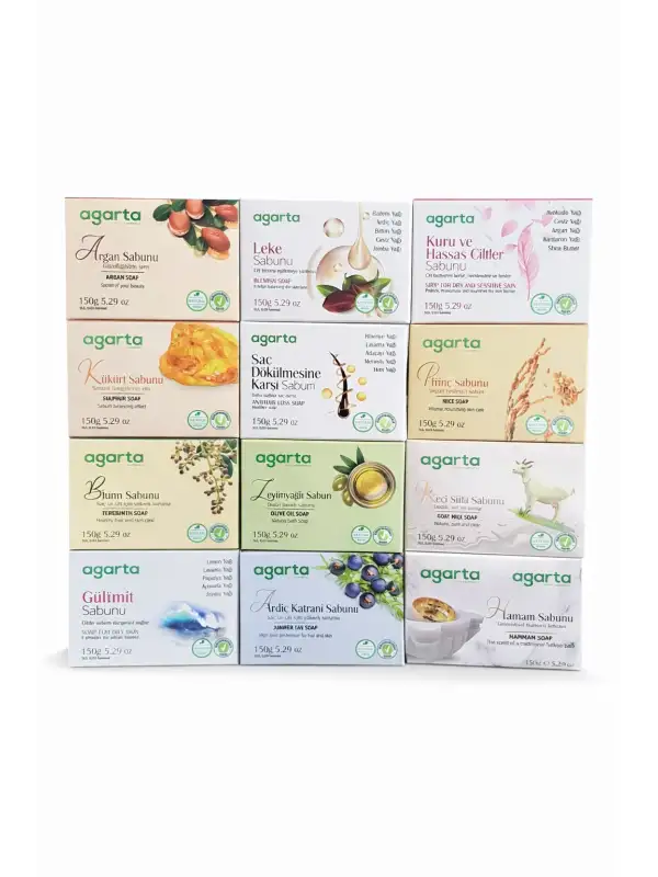 Agarta 12’li Doğal Sabun Seti 150 gr x 12 Çeşit – Argan, Keçi Sütü, Zeytinyağı, Bıttım, Kükürt, Saç Dökülmesi, Pirinç, Leke, Yağlı & Hassas Cilt Sabunları