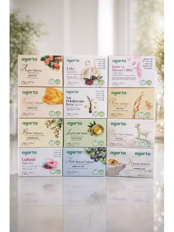Agarta 12’li Doğal Sabun Seti 150 gr x 12 Çeşit – Argan, Keçi Sütü, Zeytinyağı, Bıttım, Kükürt, Saç Dökülmesi, Pirinç, Leke, Yağlı & Hassas Cilt Sabunları