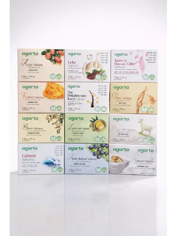 Agarta 12’li Doğal Sabun Seti 150 gr x 12 Çeşit – Argan, Keçi Sütü, Zeytinyağı, Bıttım, Kükürt, Saç Dökülmesi, Pirinç, Leke, Yağlı & Hassas Cilt Sabunları