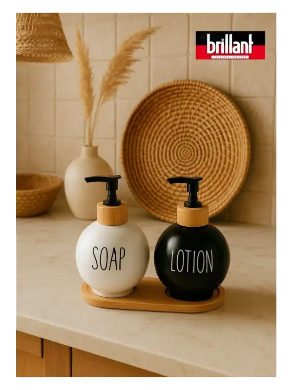 Lüks Tasarım Bambu Standlı 2li Banyo Sabunluk Seti - Siyah & Beyaz