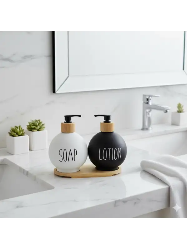 Lüks Tasarım Bambu Standlı 2li Banyo Sabunluk Seti - Siyah & Beyaz