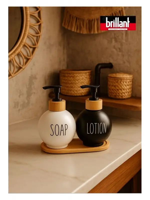 Lüks Tasarım Bambu Standlı 2li Banyo Sabunluk Seti - Siyah & Beyaz