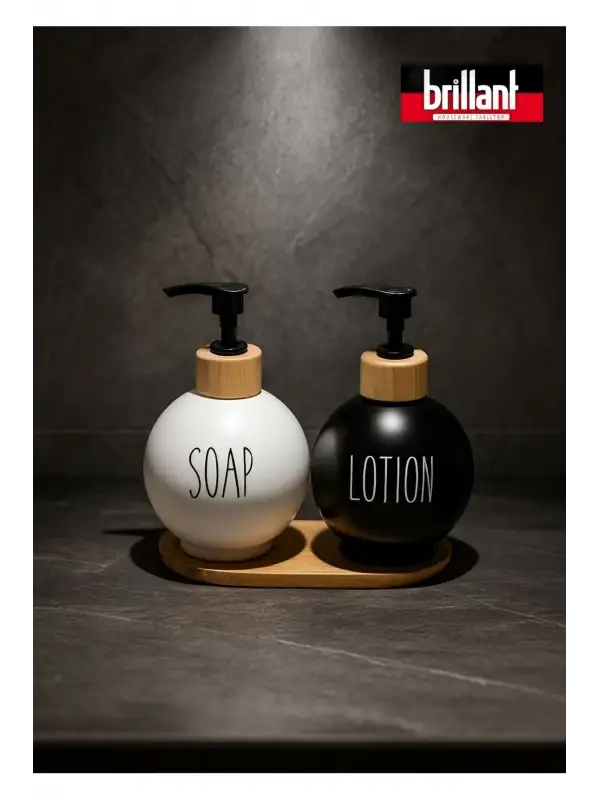 Lüks Tasarım Bambu Standlı 2li Banyo Sabunluk Seti - Siyah & Beyaz