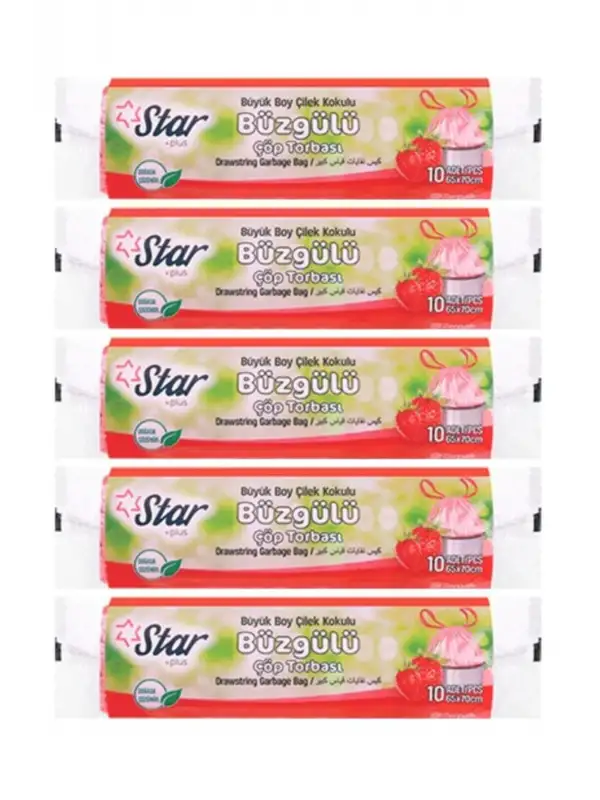 Büzgülü Büyük Boy Çöp Torbası 5 Paket Çilek Kokulu 65x70 Cm