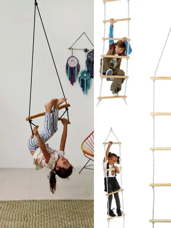 Çocuk Ahşap ip 6 Merdiven ve Trapez Salıncak 2 li Eğitici SetTırmanma Kulesi & Trapez Jimlastik Salıncağı