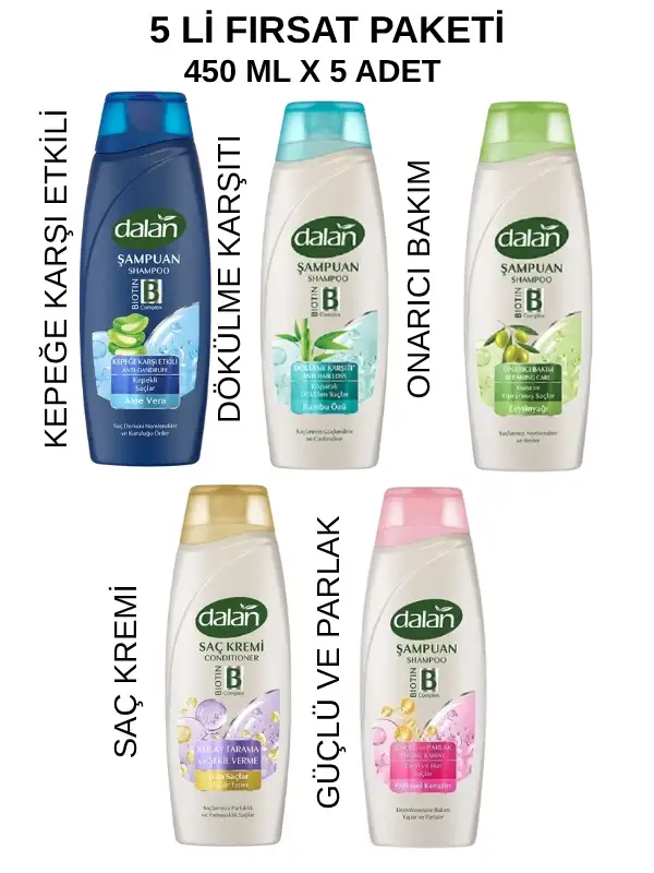 DALAN 4 Çeşit Şampuan & Saç Kremi 5li Fırsat Paketi 450 ML – Tüm Saçlar İçin