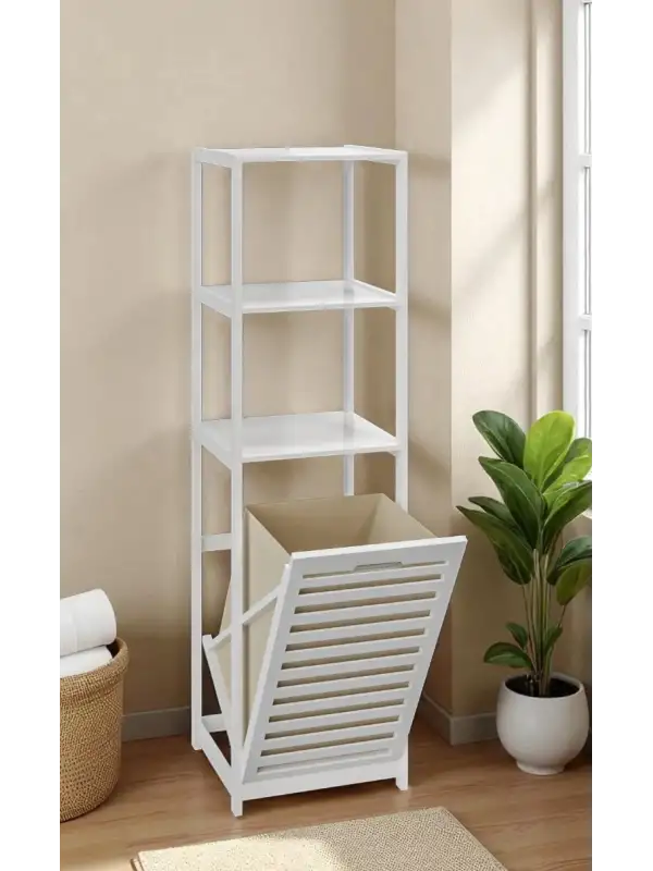 Digithome Bambu Kirli Sepetli 3 Raflı Banyo Düzenleyici Beyaz Mat Lake Db-0019