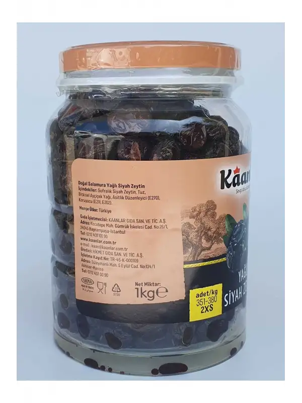 Doğal Salamura Yağlı Siyah Zeytin Premium 1000 Gr ( 351-380 2xs) 6 Kg