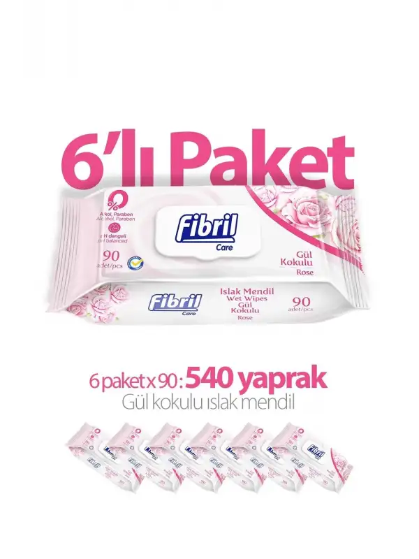 Fibril Gül Kokulu Islak Mendil 6x90 Lı Paket 540 Yaprak