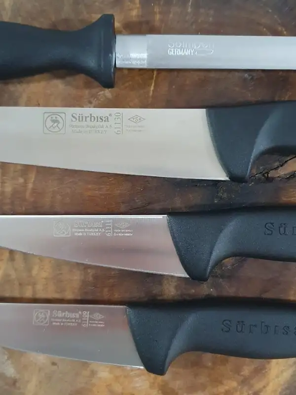 Handmade Sürmene Kasap Kurban Serisi Bıçak Seti Et Sebze Yüzme Sıyırma 3lü + Solingen 8 Bileyici