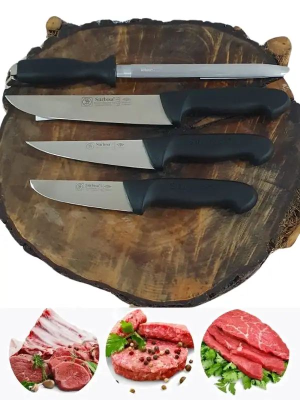 Handmade Sürmene Kasap Kurban Serisi Bıçak Seti Et Sebze Yüzme Sıyırma 3lü + Solingen 8 Bileyici