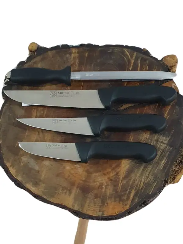 Handmade Sürmene Kasap Kurban Serisi Bıçak Seti Et Sebze Yüzme Sıyırma 3lü + Solingen 8 Bileyici