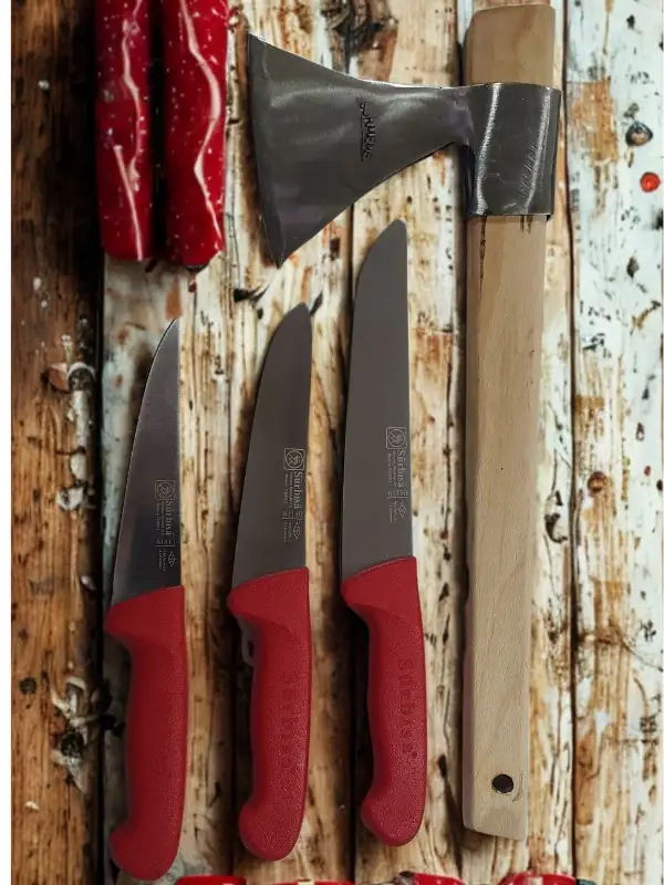 Handmade Sürmene Sürbisa Paltalı Kasap Kurban Et Doğrama Seti 4 lü + Masat