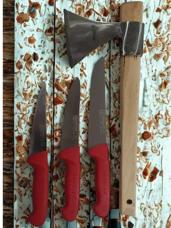 Handmade Sürmene Sürbisa Paltalı Kasap Kurban Et Doğrama Seti 4 lü + Masat