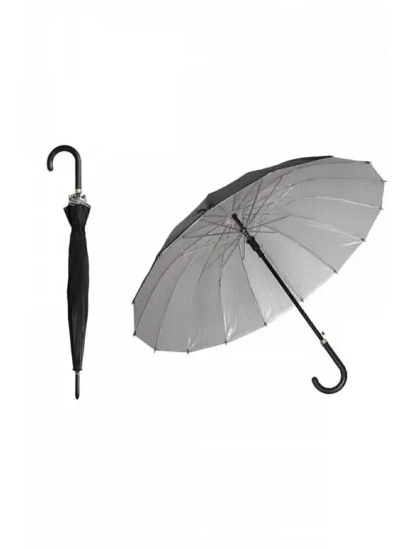Şemsiye 90 cm – 12 Telli Siyah Dış, Gümüş İç – Baston Skybelt Büyük Boy Yağmurluk Şemsiye