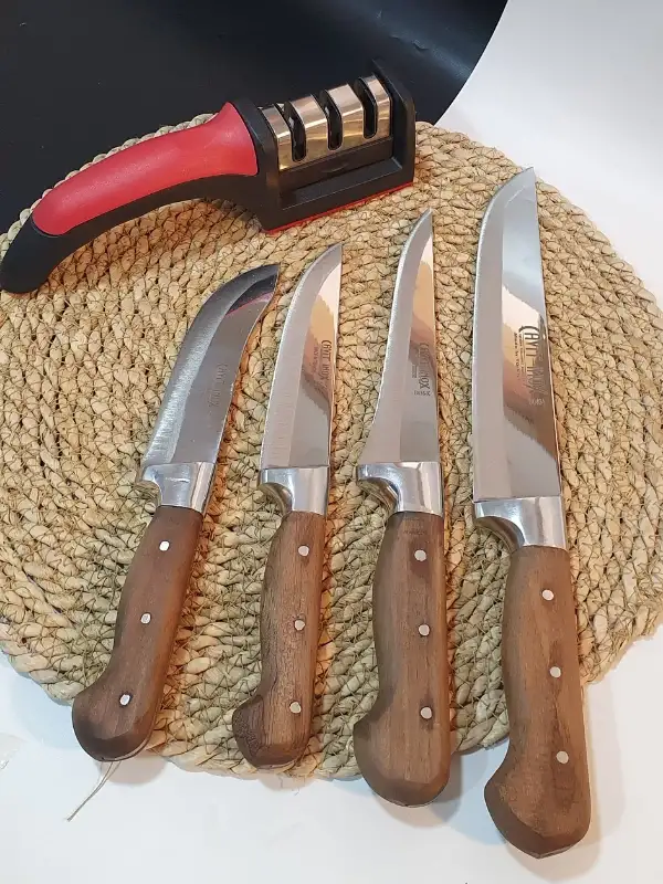 Ahşap Kasap Kurban Bıçak Seti Et Sebze Yüzme Sıyırma Bıçak Mutfak Bıçağı 4lü + Bileyici