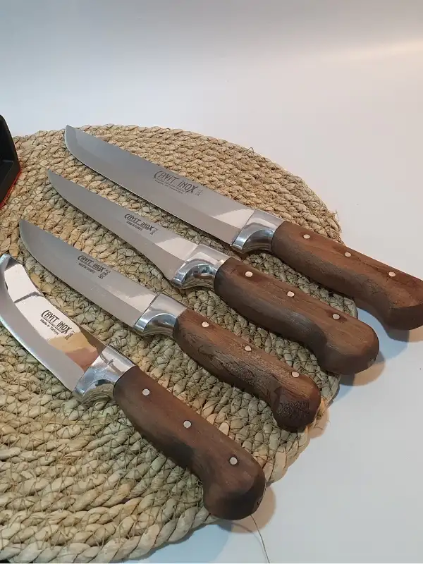 Ahşap Kasap Kurban Bıçak Seti Et Sebze Yüzme Sıyırma Bıçak Mutfak Bıçağı 4lü + Bileyici