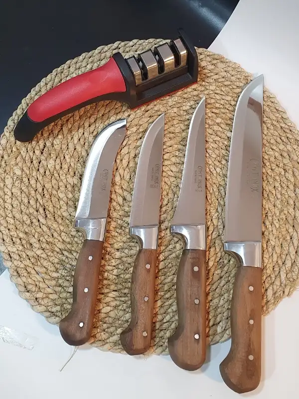 Ahşap Kasap Kurban Bıçak Seti Et Sebze Yüzme Sıyırma Bıçak Mutfak Bıçağı 4lü + Bileyici