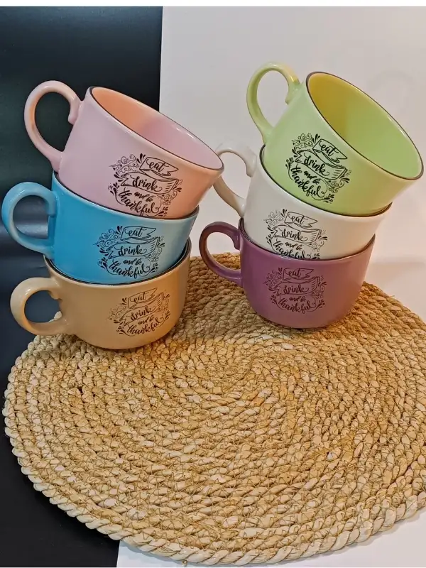 Keramika Mottolu 6 Parça Jumbo Boy Fincan Takımı 400ml