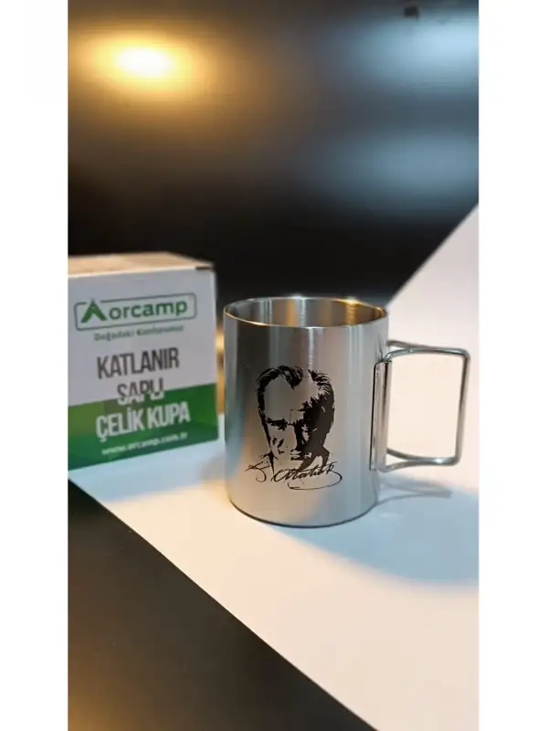Orcamp Atatürk Silüet ve Otobüs Resimli Çelik Katlanır Saplı Kupa Bardak