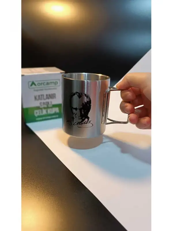 Orcamp Atatürk Silüet ve Otobüs Resimli Çelik Katlanır Saplı Kupa Bardak