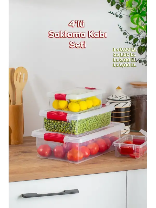 Dikdörtgen 4lü Sızdırmaz Kapaklı Gıda Erzak Saklama Kabı Seti | Kilitli | BPA Free