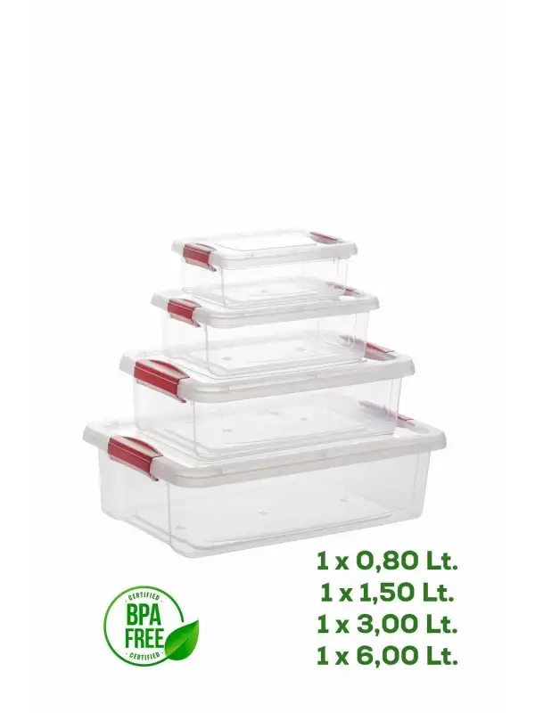 Dikdörtgen 4lü Sızdırmaz Kapaklı Gıda Erzak Saklama Kabı Seti | Kilitli | BPA Free