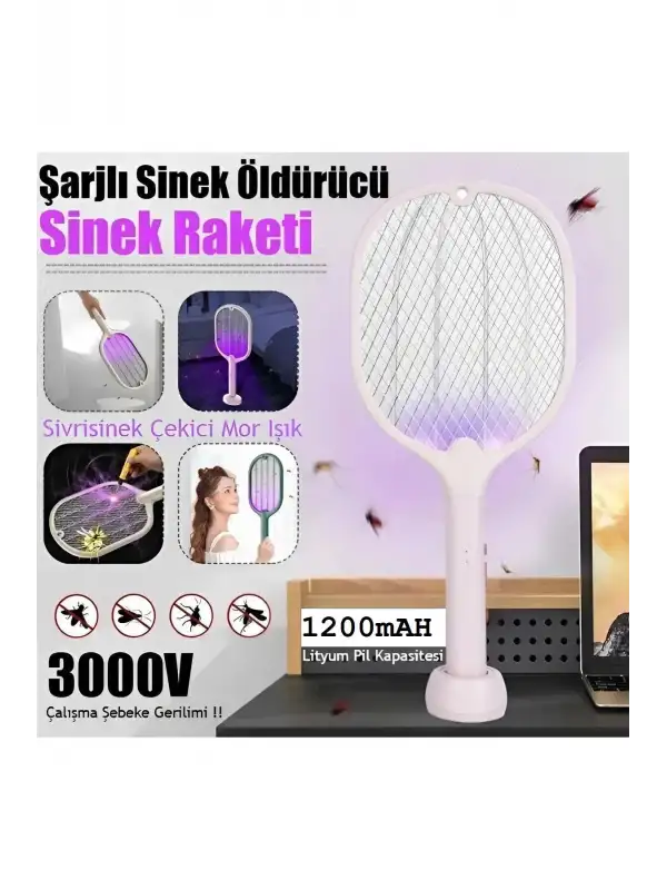 Şarjlı Sinek Öldürücü Sivrisinek Raketi Elektrkli Karasinek Haşere Kovucu Mavi Işıklı Sineklik Aleti