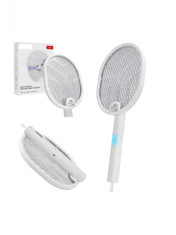 Şarjlı Uv Işıklı Masaüstü Katlanabilir Askılı Raket 1200 Mah 3000v Sinek Patlatma Raketi