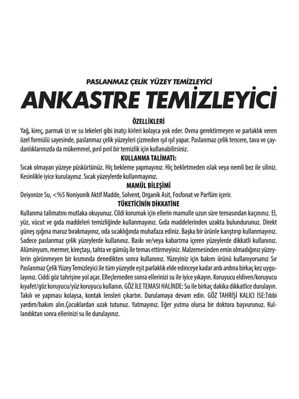 Ankastre çelik yüzey temizleyici sprey 750ml