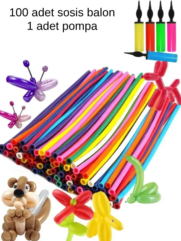 Sosis Balon - 100 Adet Renkli Sosis Balon Oyun Parti Balonu130 Cm + Pompa