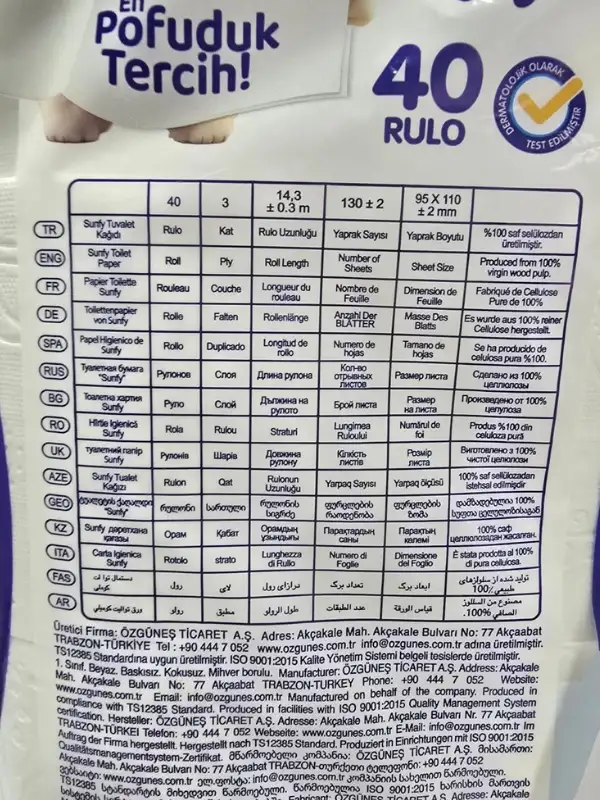 Sunfy 40lı Tuvalet Kağıdı - 3 Katlı %100 Saf Selüloz Yumuşaklığı