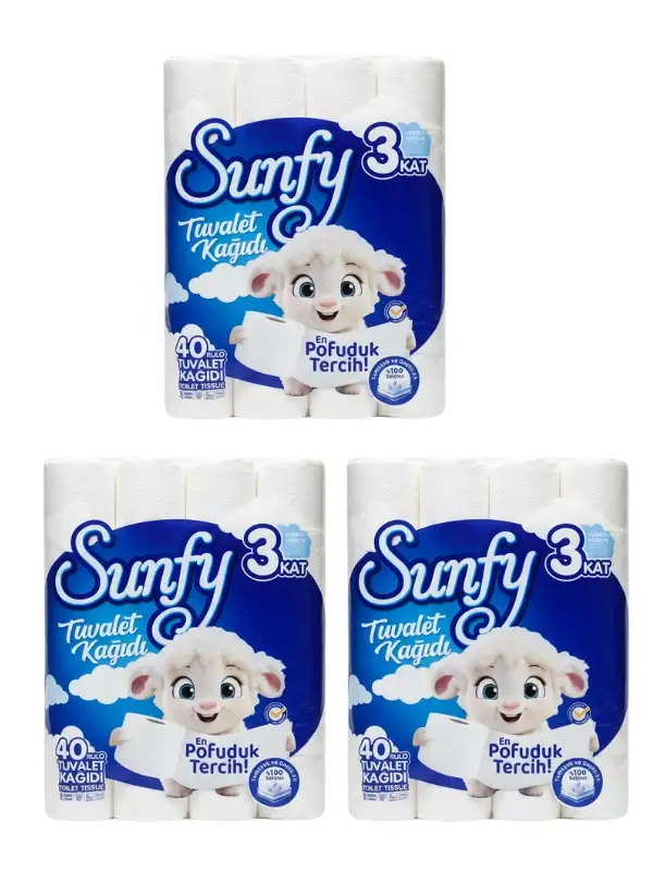 Sunfy 40lı Tuvalet Kağıdı 3 PAKET - 3 Katlı %100 Saf Selüloz Yumuşaklığı