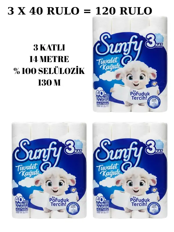 Sunfy 40lı Tuvalet Kağıdı 3 PAKET - 3 Katlı %100 Saf Selüloz Yumuşaklığı