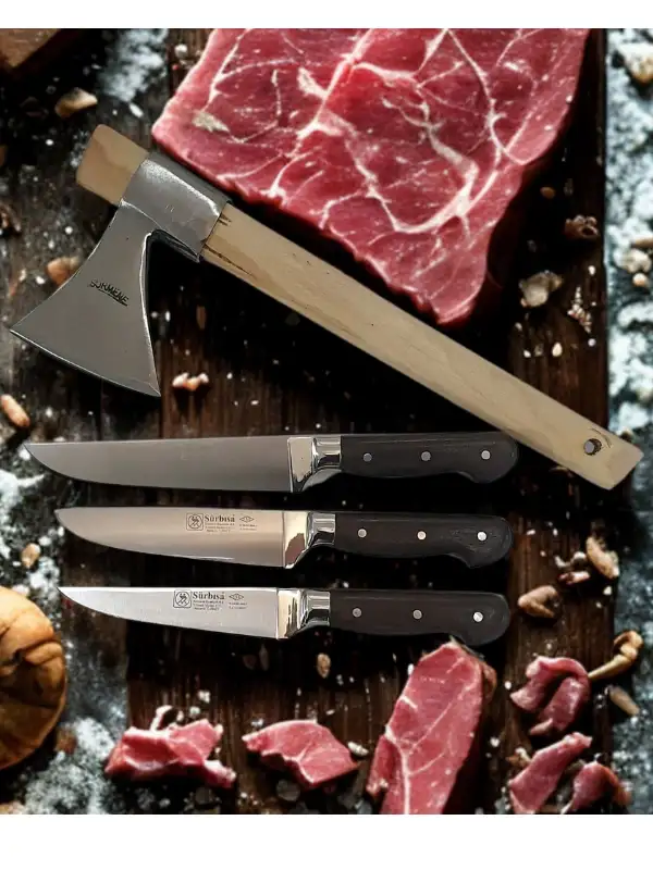 Sürmene El Yapımı Ahşap Sap Kasap Kurban Et Doğrama Kırma Seti