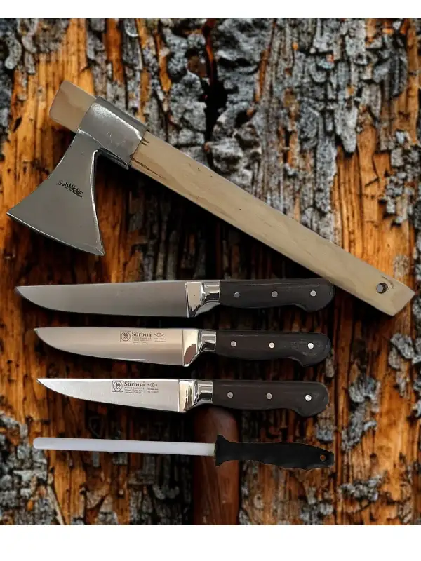 Sürmene El Yapımı Ahşap Sap Kasap Kurban Et Doğrama Kırma Seti