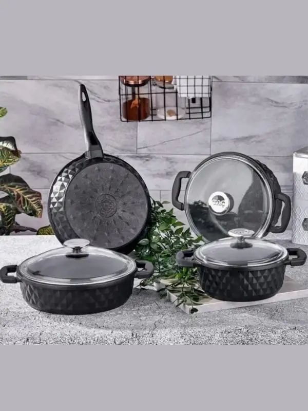 Carabella Döküm Cam Kapaklı 7 Parça Tencere Seti Siyah - Tac-3817