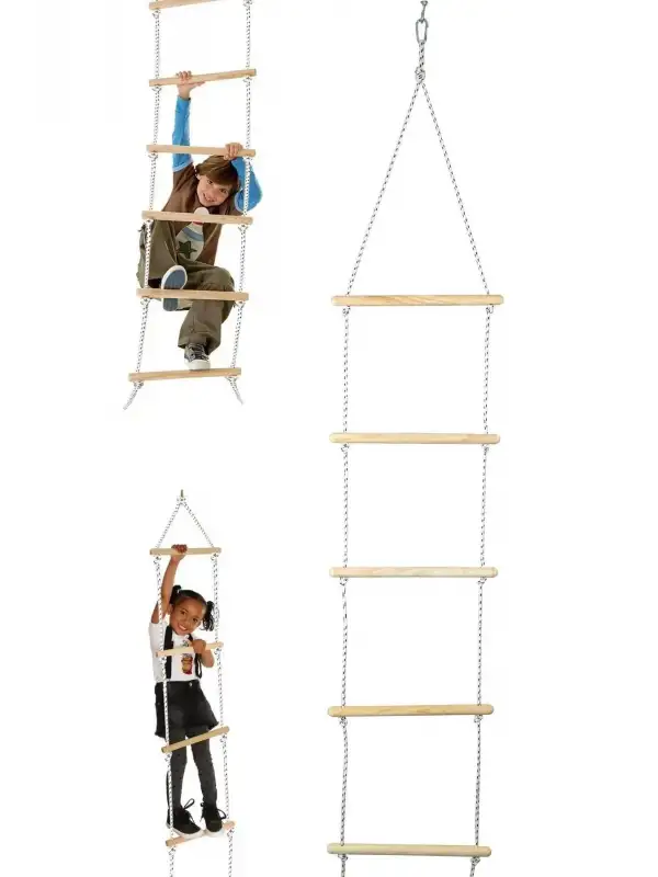 Trapez Ahşap Merdiven 8mm İp 100kg Taşır Set Çocuk Tırmanma Jimnastik Gelişim Salıncağı 6 basamak