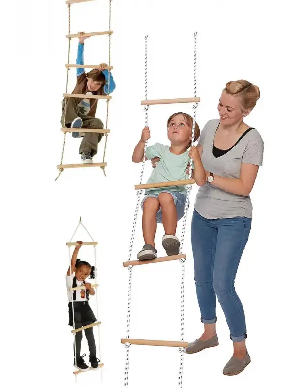 Trapez Ahşap Merdiven 8mm İp 100kg Taşır Set Çocuk Tırmanma Jimnastik Gelişim Salıncağı 6 basamak