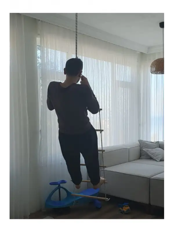 Trapez Ahşap Merdiven 8mm İp 100kg Taşır Set Çocuk Tırmanma Jimnastik Gelişim Salıncağı 6 basamak