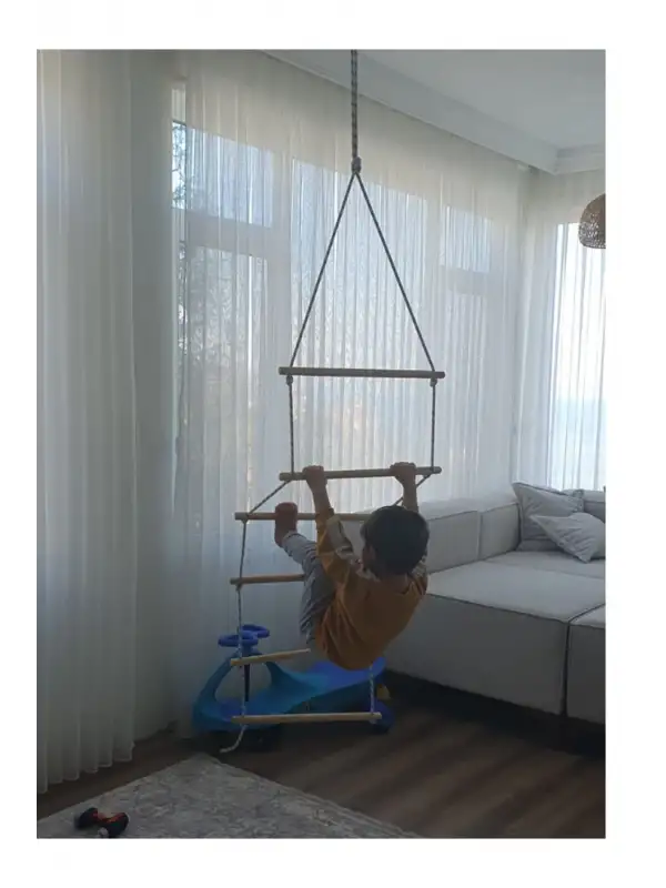 Trapez Ahşap Merdiven 8mm İp 100kg Taşır Set Çocuk Tırmanma Jimnastik Gelişim Salıncağı 6 basamak