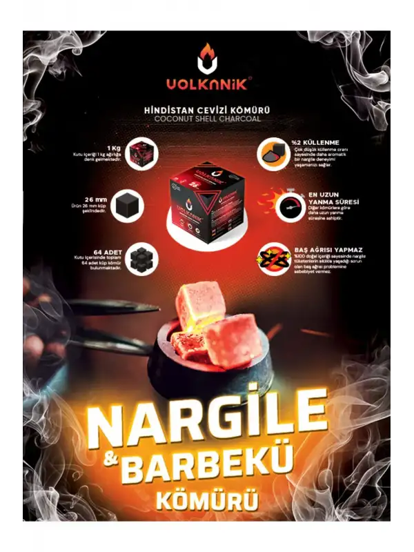 %100 Doğal Hindistan Cevizi Nargile Kömürü 1 Kg/64 Küp