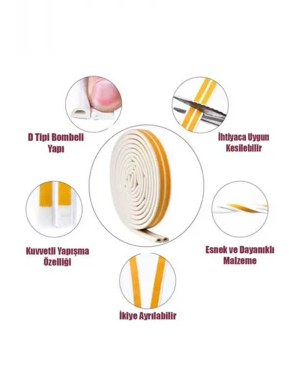 Yapışkanlı 5x2=10 Metre (beyaz) Kapı Pencere Bandı Fitili Soğuk Izolasyon Kauçuk Bantları