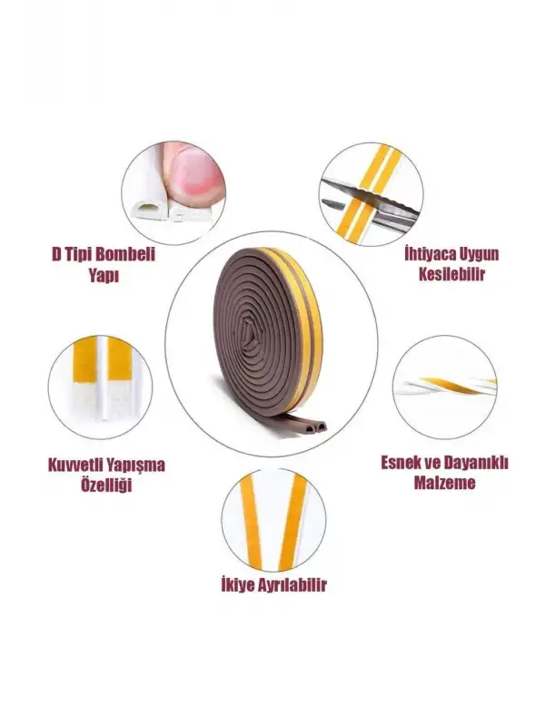 Yapışkanlı 5x2=10 Metre (KAHVERENGİ) Kapı Pencere Bandı Fitili Soğuk Izolasyon Kauçuk Bantları