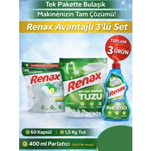 Renax Avantajlı 3’lü Set Bulaşık Makinesi Kapsülü 60’lı + Tuz 1,5 Kg + Parlatıcı 400 ml