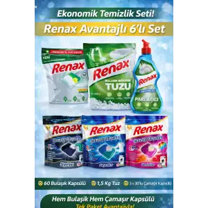 Renax Ekonomik Temizlik Paketi 6’lı Set Bulaşık Tablet + Çamaşır Kapsülü + Tuz + Parlatıcı