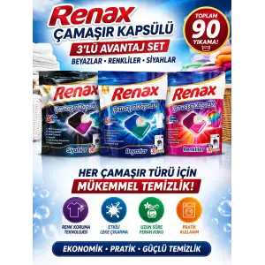 Renax Çamaşır Kapsülü 3’lü Set 30 Yıkama Beyazlar + Renkliler + Siyahlar Toplam 90 Yıkama