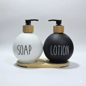 Lüks Tasarım Bambu Standlı 2li Banyo Sabunluk Seti - Siyah & Beyaz