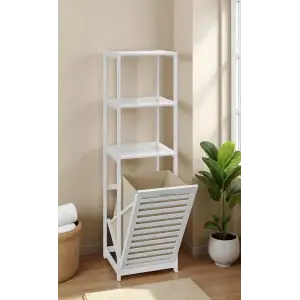 Digithome Bambu Kirli Sepetli 3 Raflı Banyo Düzenleyici Beyaz Mat Lake Db-0019